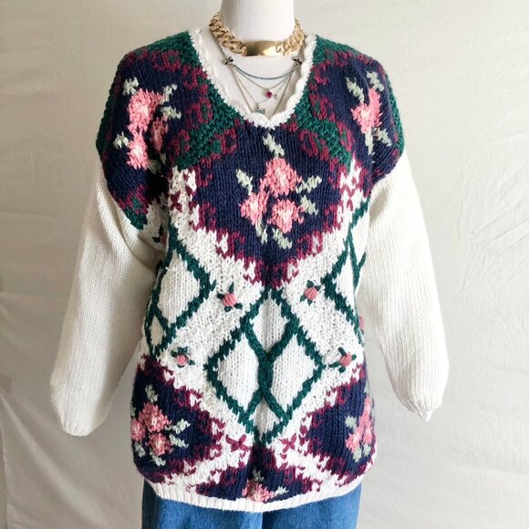 Vintage 80s Colleen's Collectibles V Neck Sweater Needlepoint Floral Size M - Picture 1 of 12